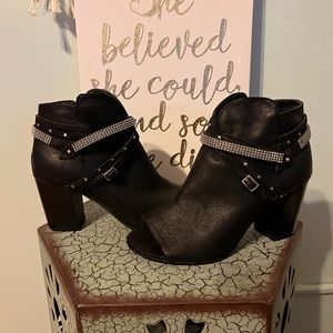Black faux leather peep toe booties Sz 7 1/2